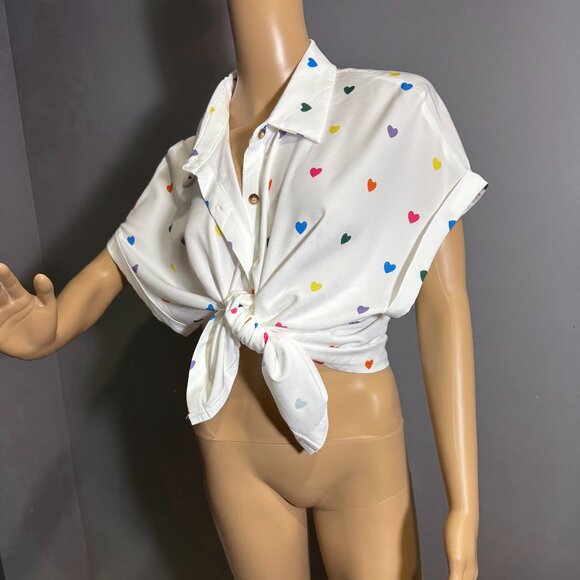 White Button-Down Shirt with Rainbow Heart Print ~ Fun, Playful Oversized Fit - Picture 1 of 4